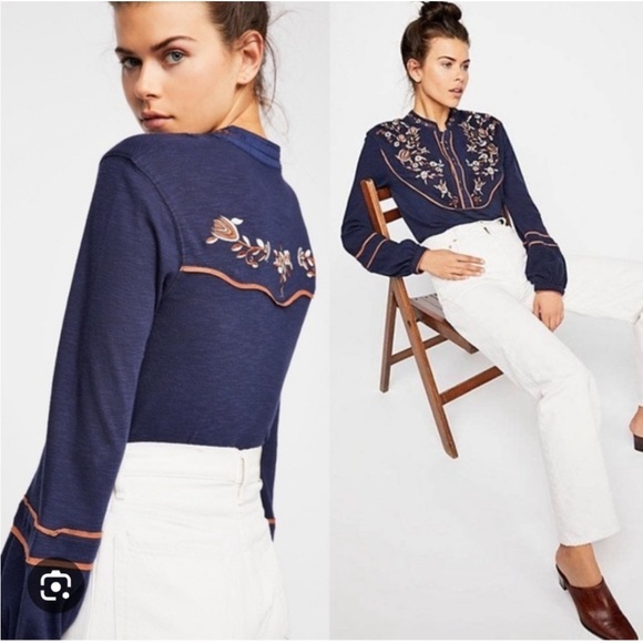 Free People Tops - Free People Sundance Kid
Western snap front embroidered Henley blue shirt xs